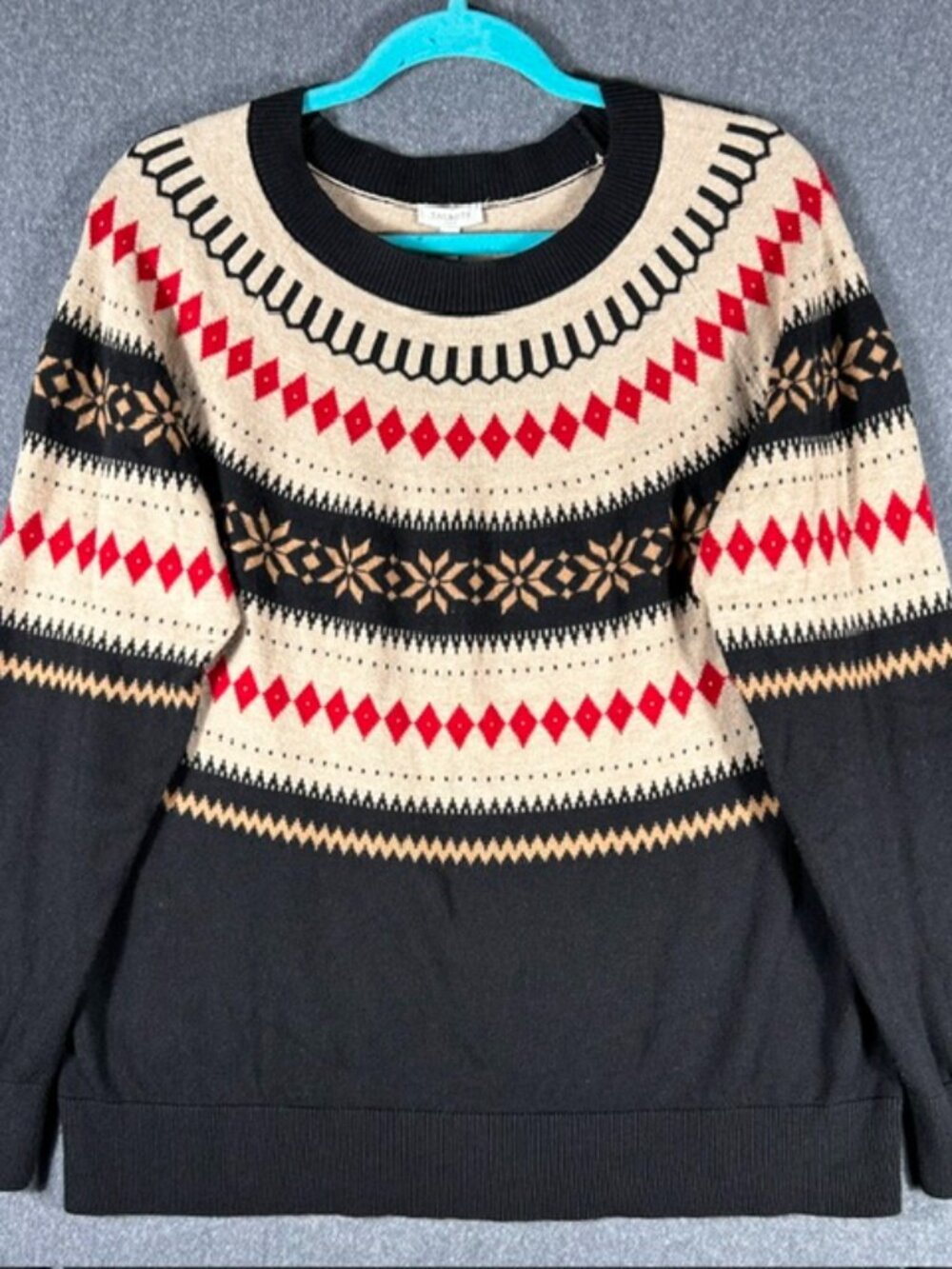 Talbots Fair Isle Crewneck Sweater Womens Sz L Black Tan w/ Red Diamond Pattern